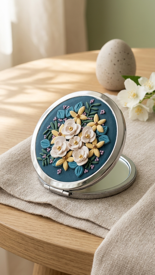 Compact mirror with floral design on a wooden surface