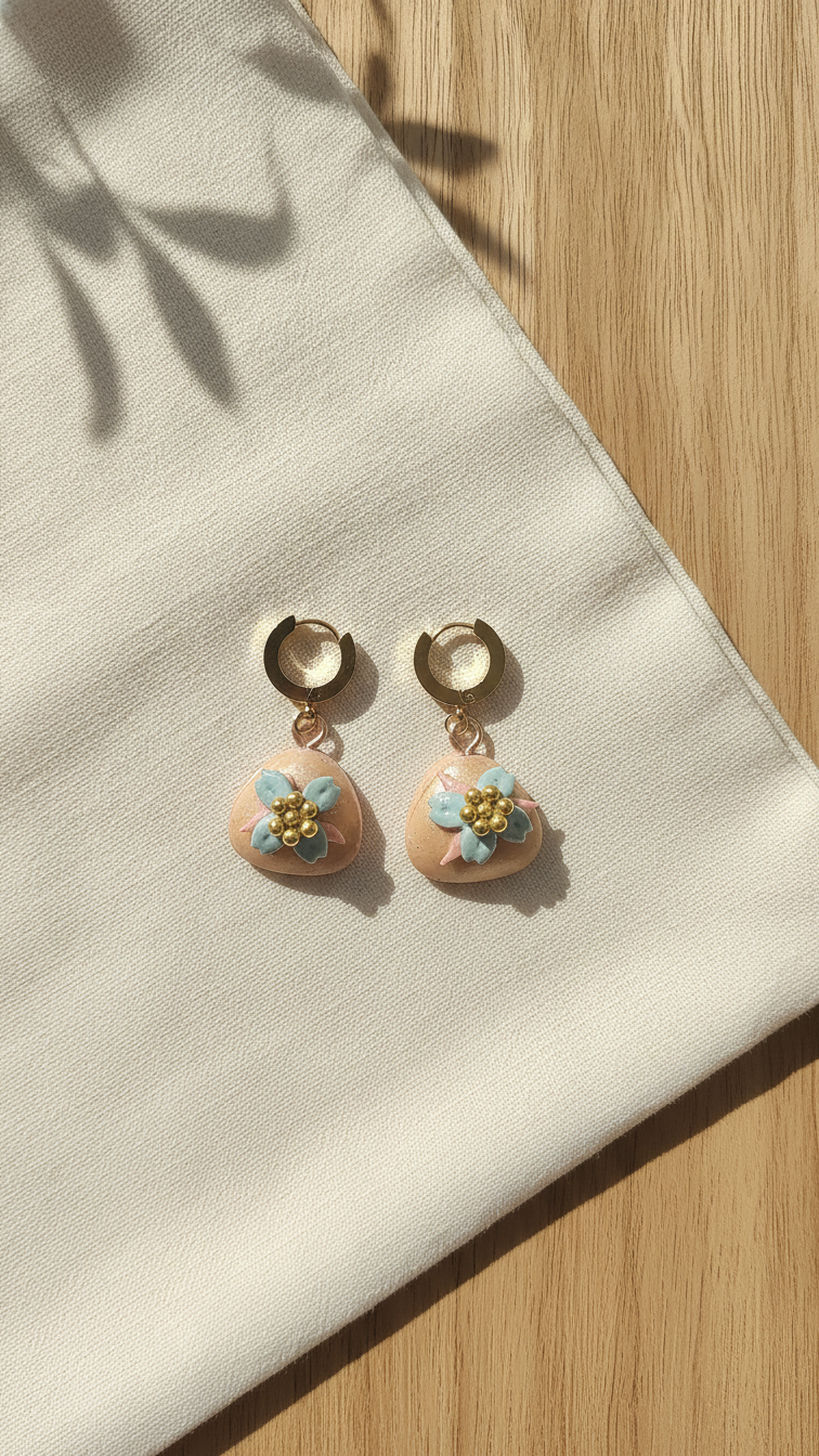 Pair of earrings with floral designs on a beige fabric background