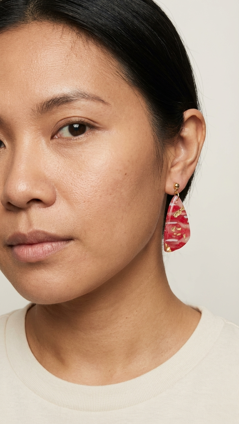 Close-up of a person wearing a colorful earring on a plain background