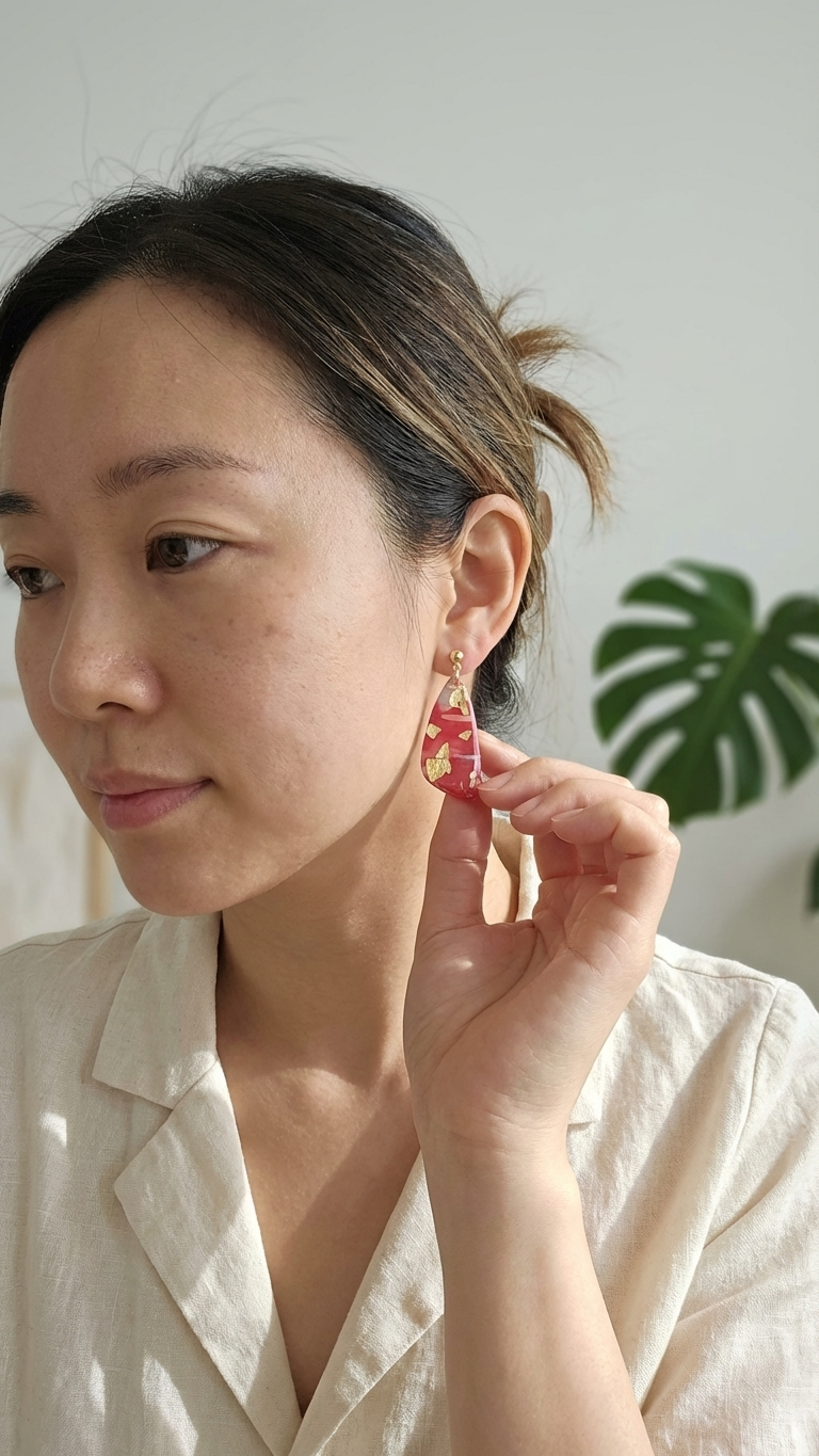 Woman wearing a red earring against a white background