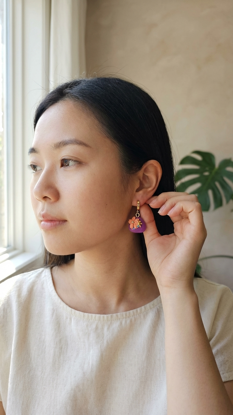 Woman wearing floral earrings, adjusting one in front of a window with a plant in the background.
