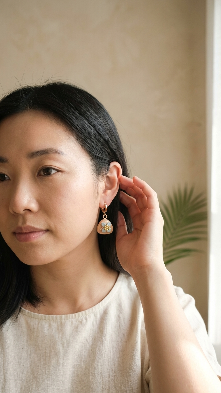 Woman wearing pearl earrings with a neutral background