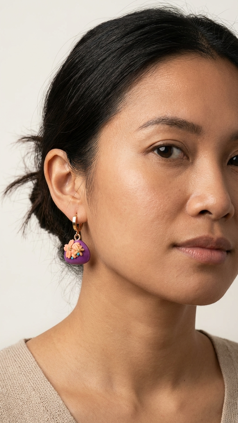 Woman wearing a floral earring with a purple setting on a plain background