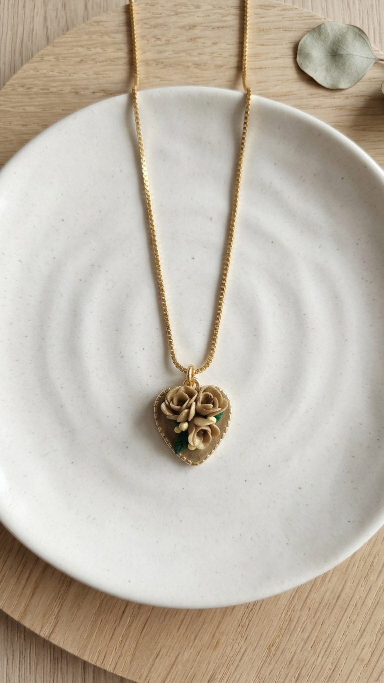 Gold heart-shaped necklace on a white ceramic dish with a wooden background