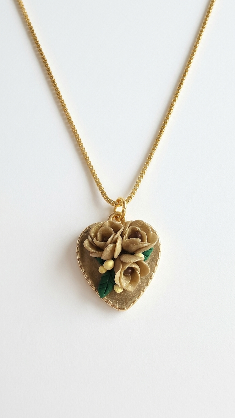 Heart-shaped necklace with floral design on a white background