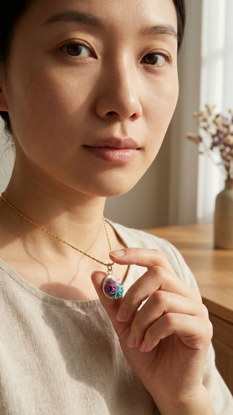 Woman wearing a necklace and ring, with a blurred background