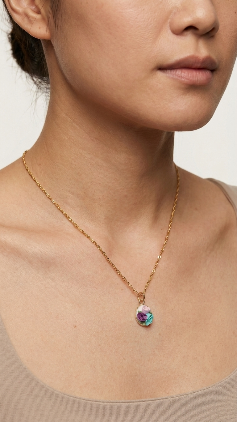 Close-up of a person wearing a gold necklace with a colorful pendant.
