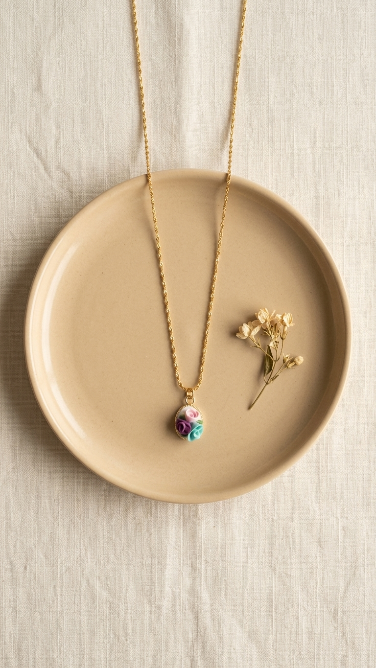 Necklace with a colorful pendant on a beige plate with a dried flower, on a light wooden surface.