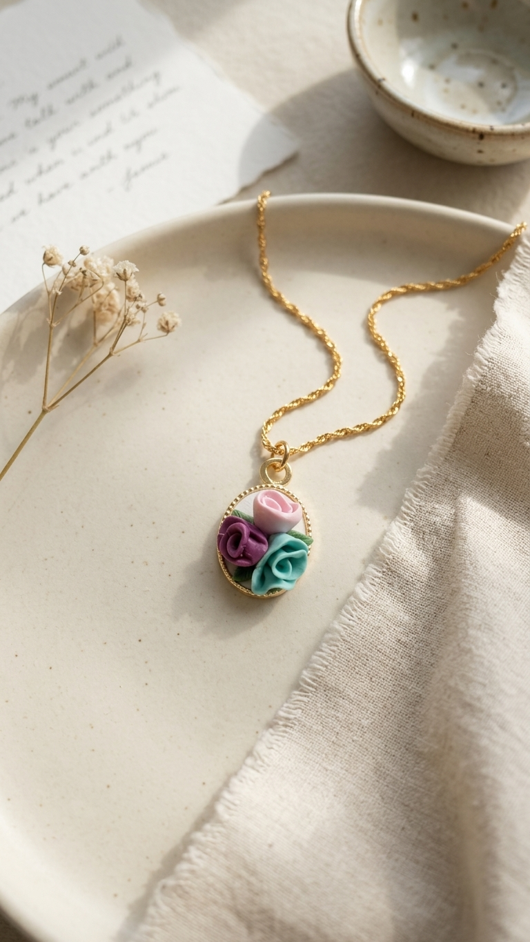 Necklace with a floral pendant on a light surface