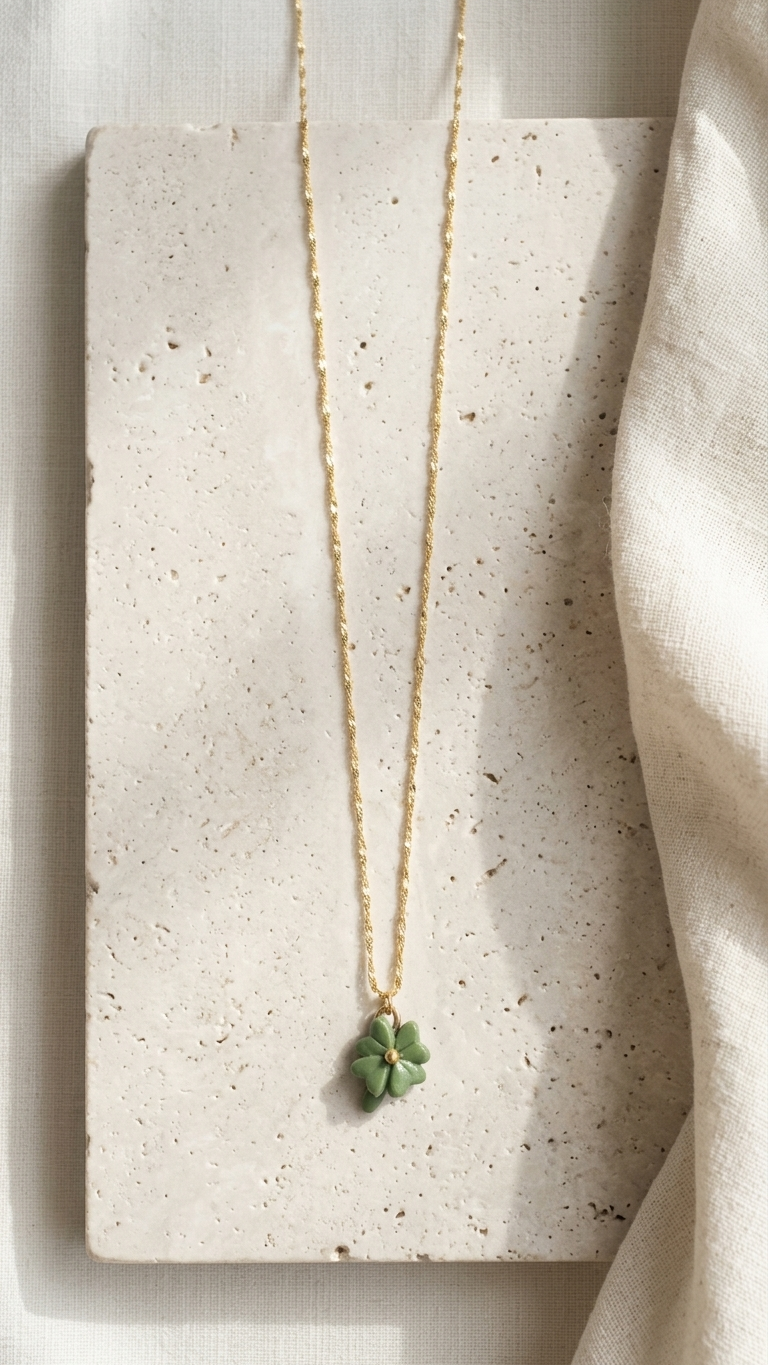 Necklace with a green pendant on a textured stone surface