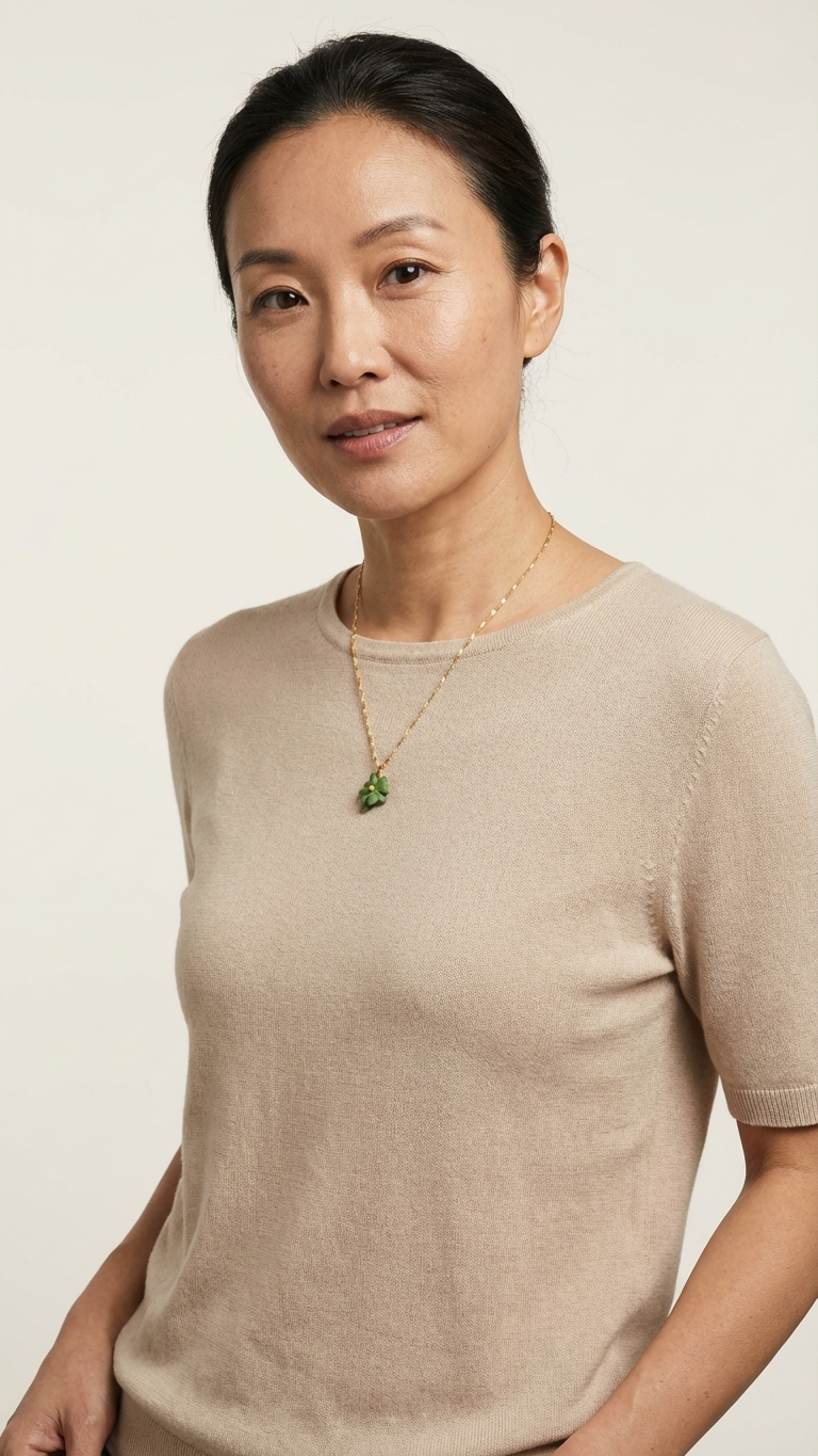 Woman wearing a beige sweater with a plain background