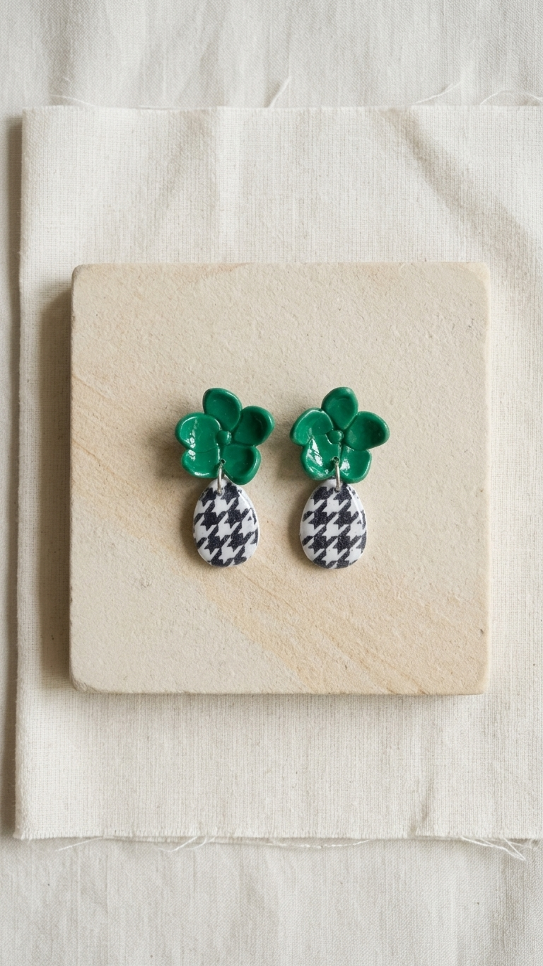 Pineapple-shaped earrings with houndstooth pattern on a beige card against a light background