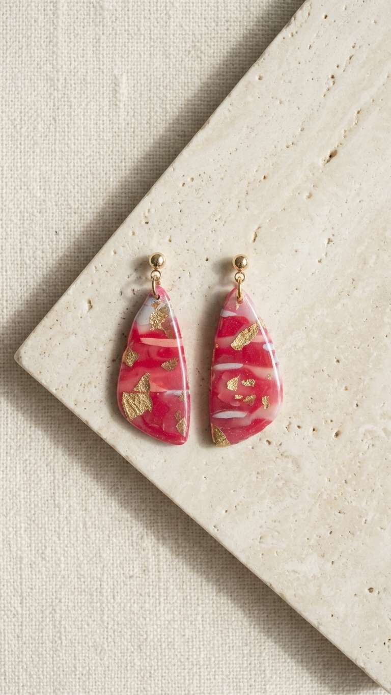 Pink teardrop earrings with gold accents on a beige stone surface