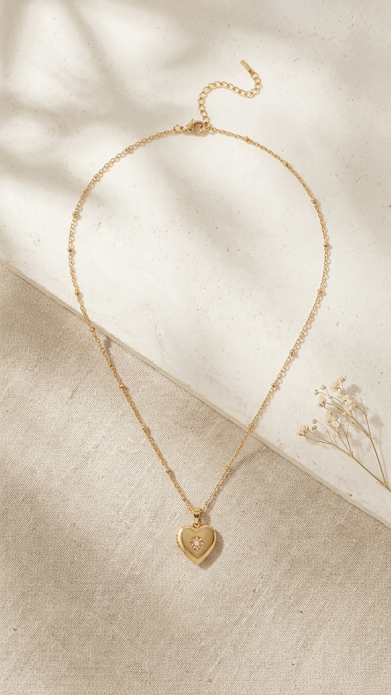 Gold necklace with a heart-shaped pendant on a beige fabric background