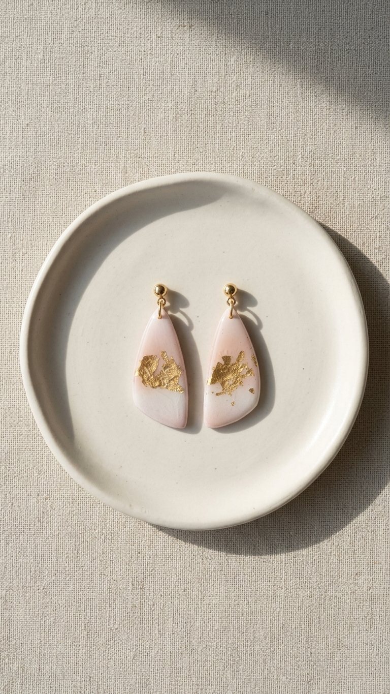 Pink teardrop earrings with gold accents on a white plate.