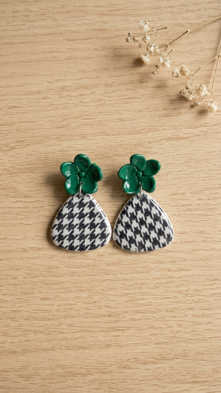 Pair of earrings with green tops and black and white checkered bottoms on a wooden surface.
