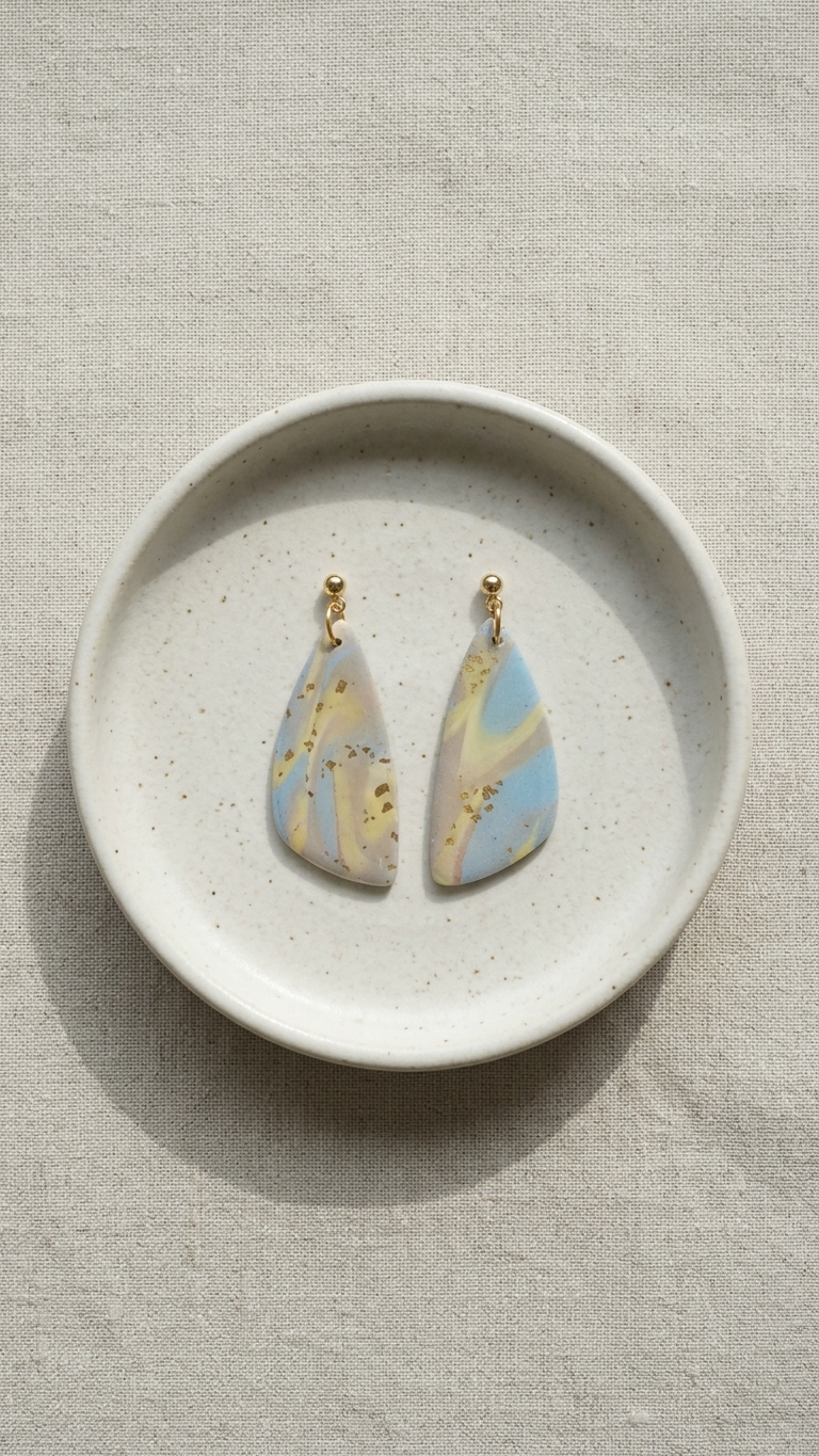 Pair of earrings on a textured ceramic dish with a neutral background