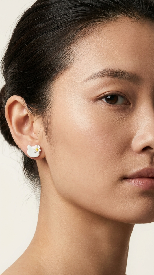Close-up of a woman wearing a floral earring on a plain background