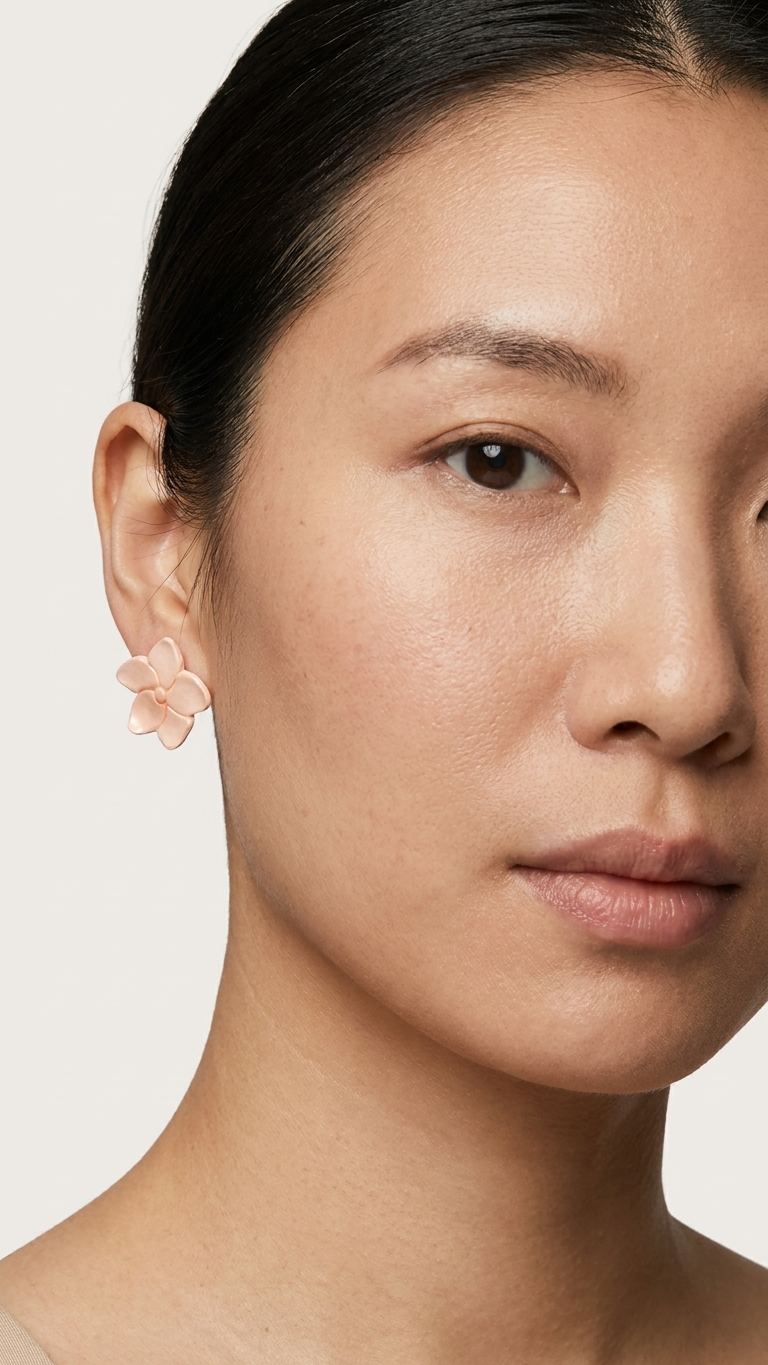 Close-up of a person wearing a floral earring against a neutral background