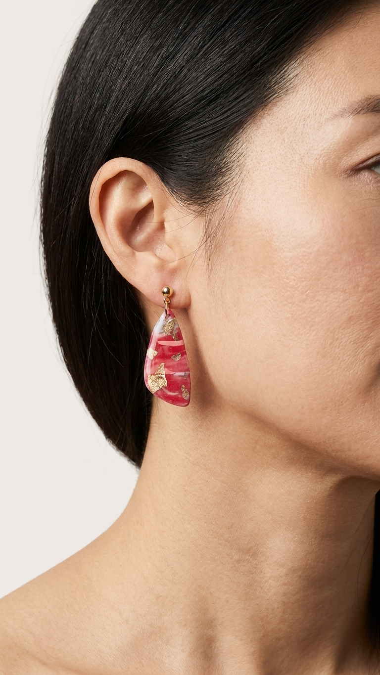 Close-up of a person wearing pink earrings with a neutral background