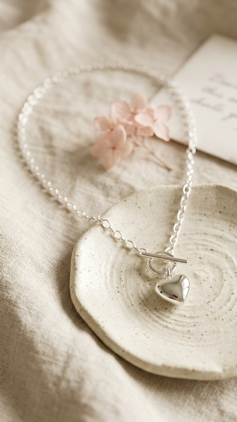 Silver chain bracelet with a heart-shaped charm on a light gray 