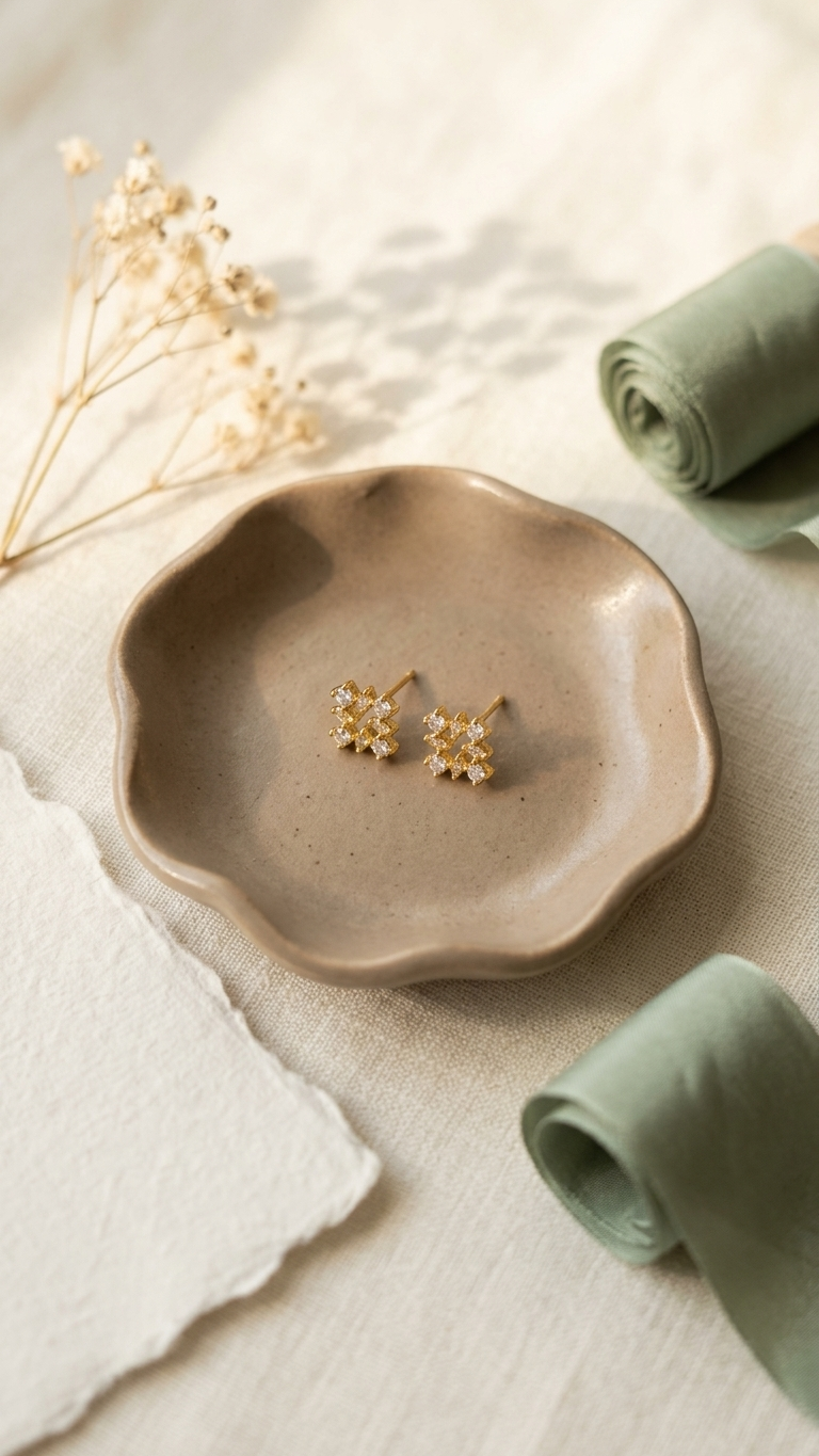 Pair of gold earrings on a beige ceramic plate with a neutral background