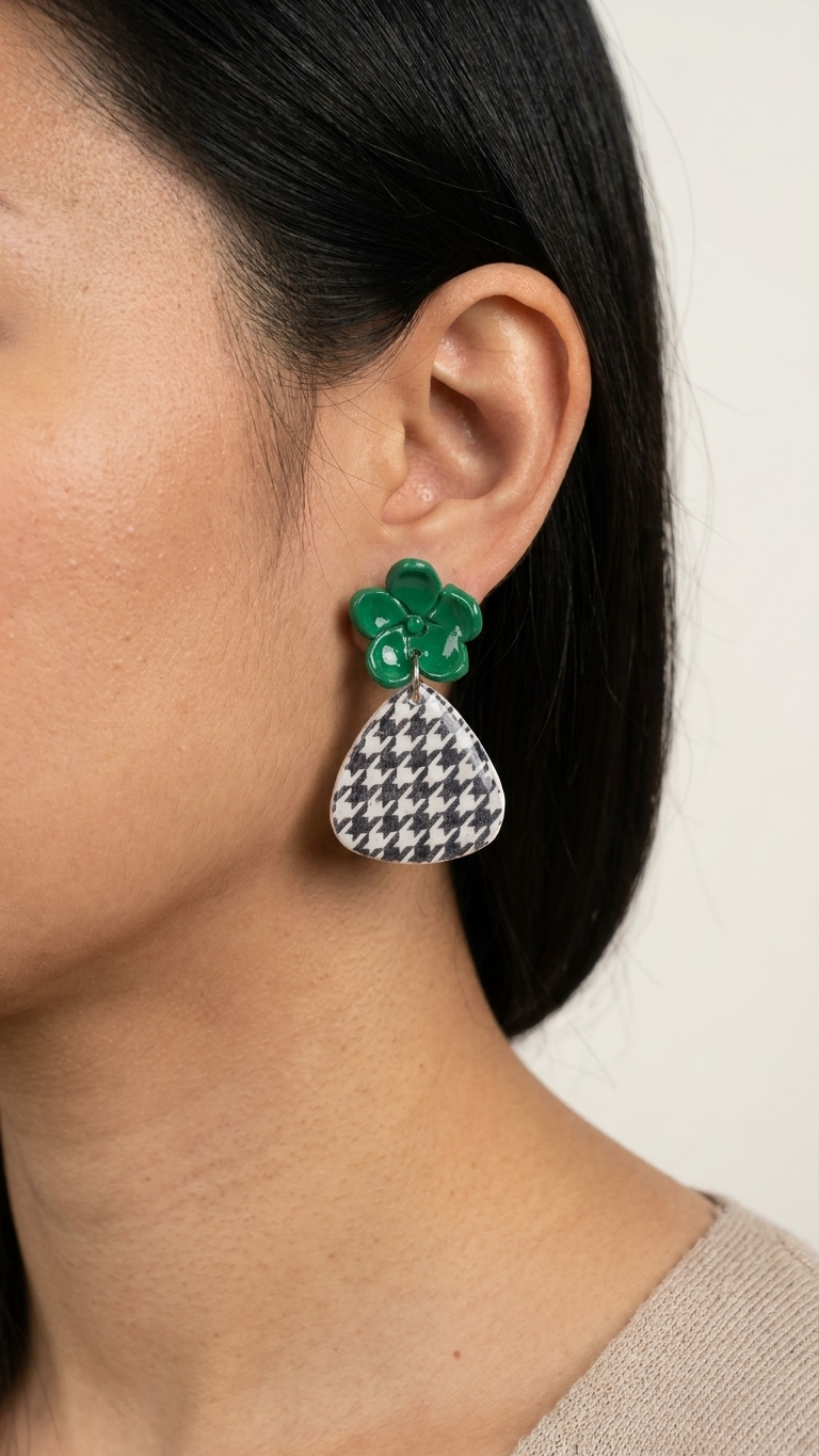 Close-up of a person wearing a green flower-shaped earring with a checkered heart design.