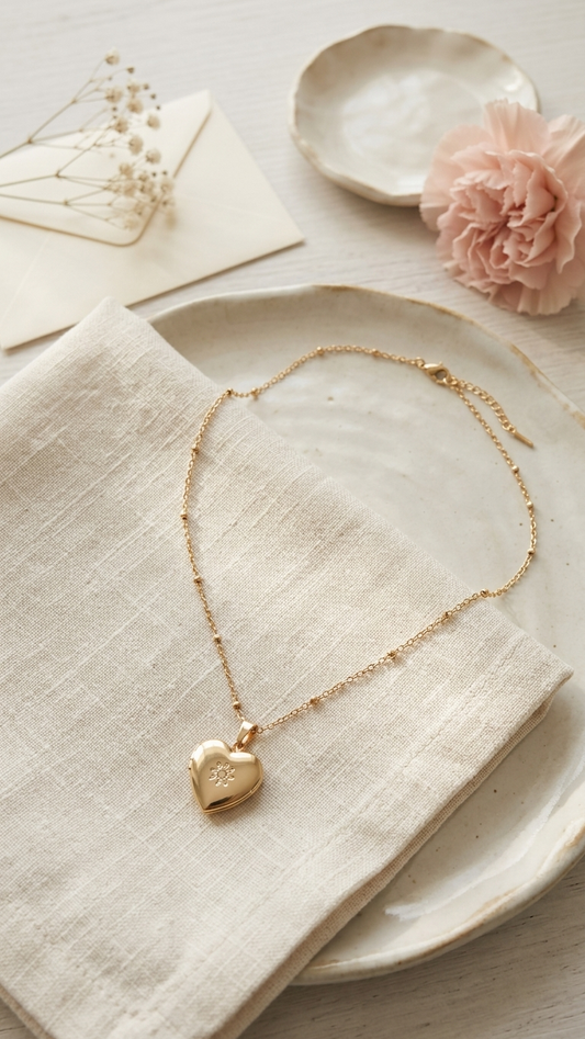 Gold necklace with a heart pendant on a light fabric surface with a pink flower and envelope in the background.