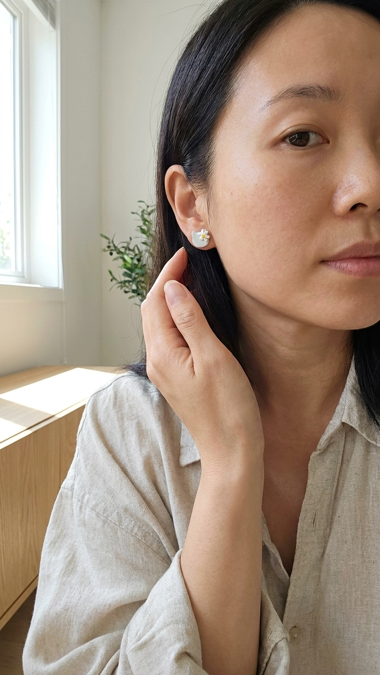 Woman wearing earrings in a softly lit room