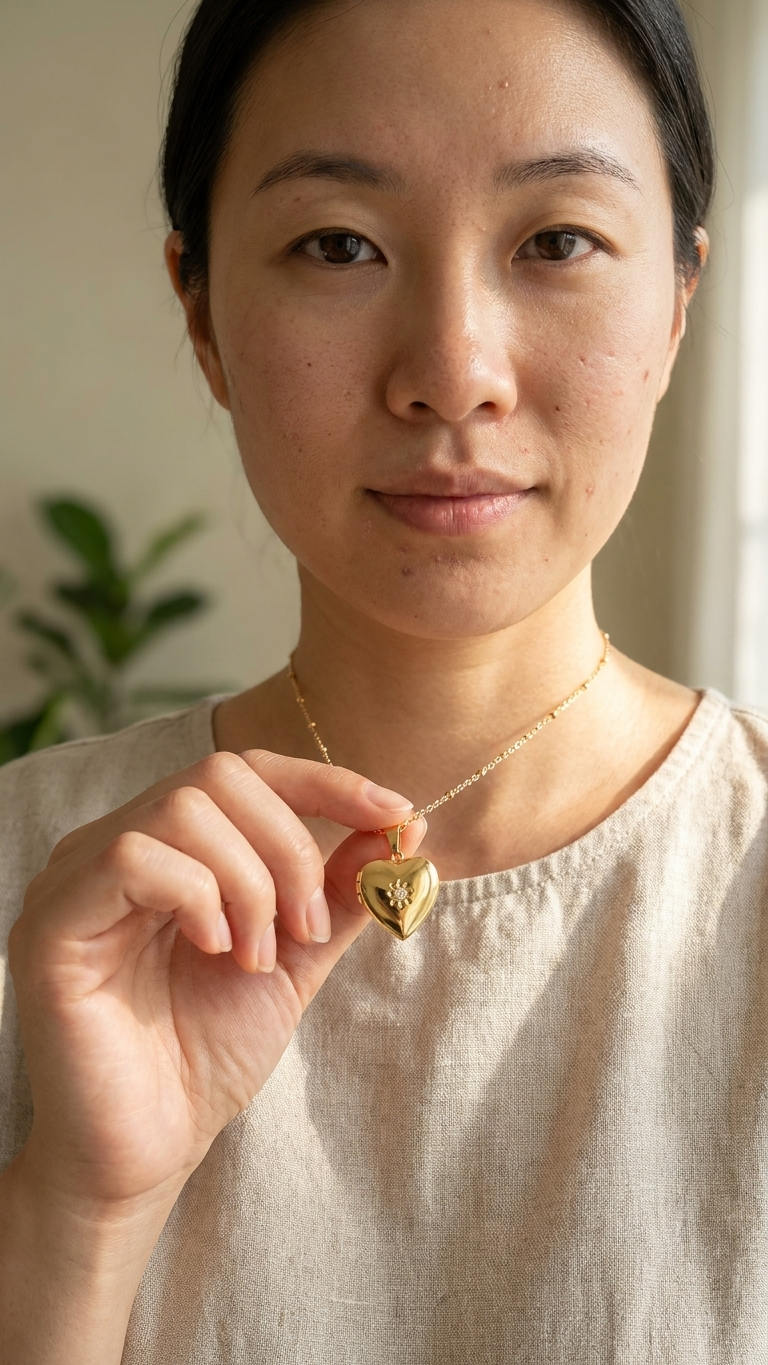 model wearing Gold heart-shaped pendant necklace on a light gray background