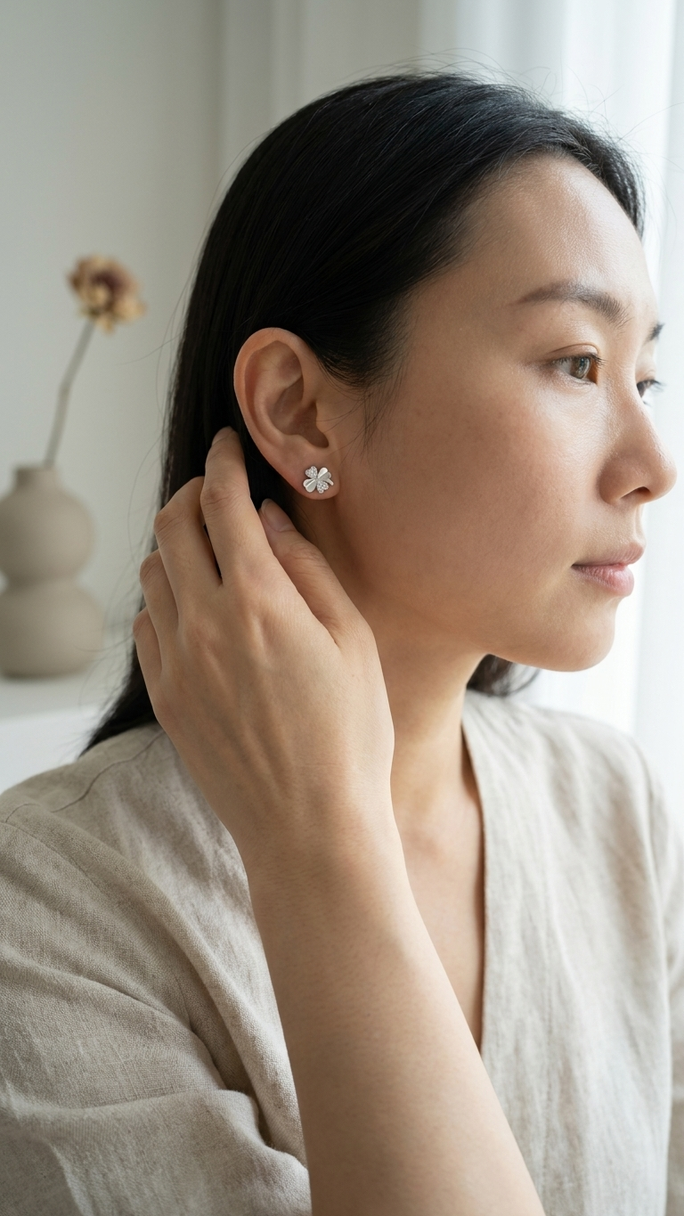 Woman wearing earrings in a softly lit room.