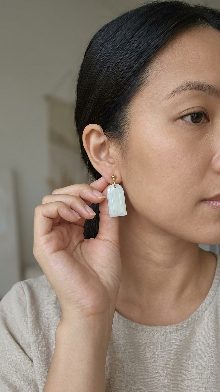 A close-up lifestyle shot of a woman wearing a small white rectangular pendant earring with a gold post, holding the earring next to her ear.