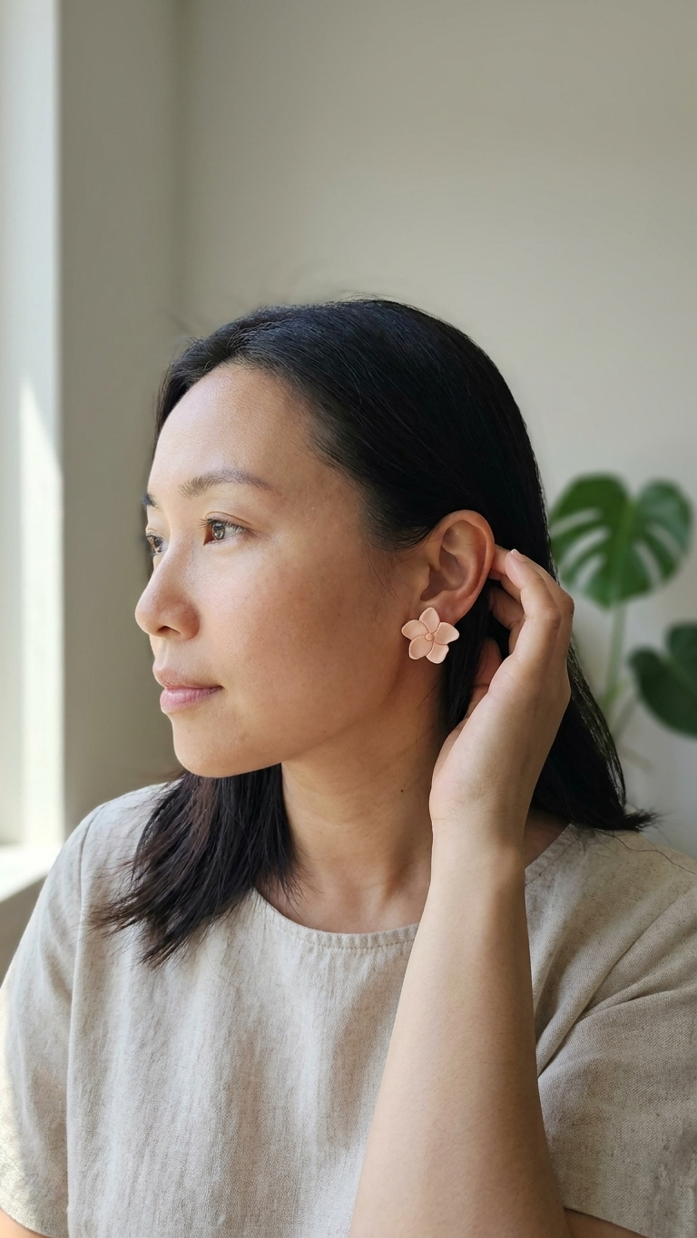 Woman wearing pink floral earrings indoors with a plant in the background