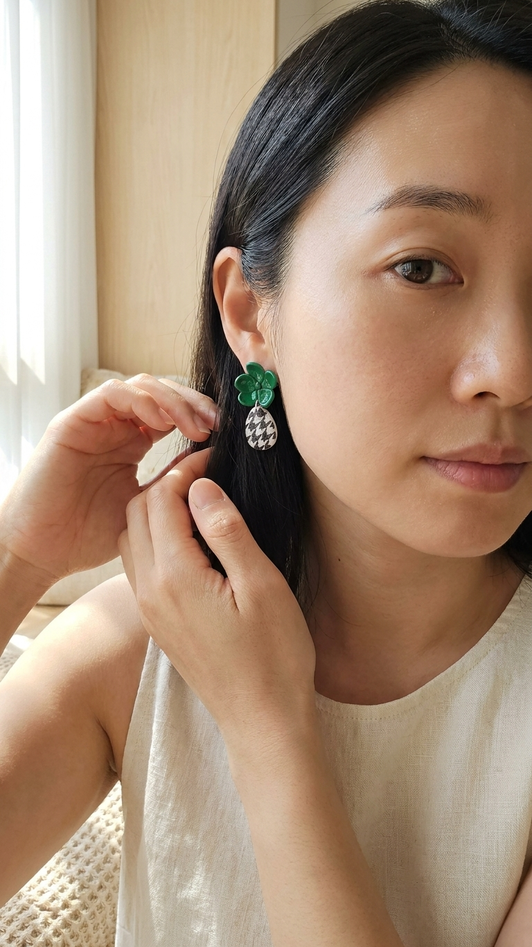 Woman adjusting a green and silver earring in a softly lit room.