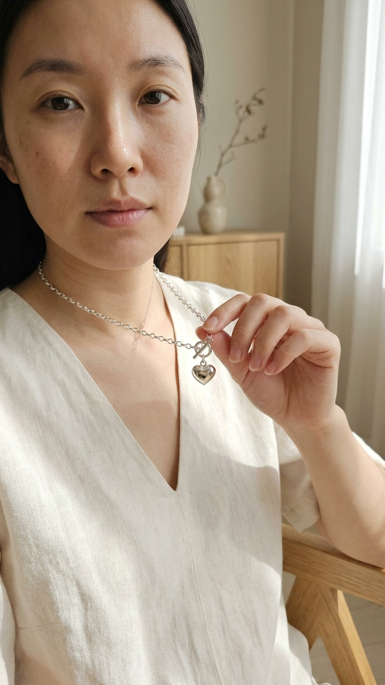 Woman wearing a necklace with a heart pendant in a softly lit room.