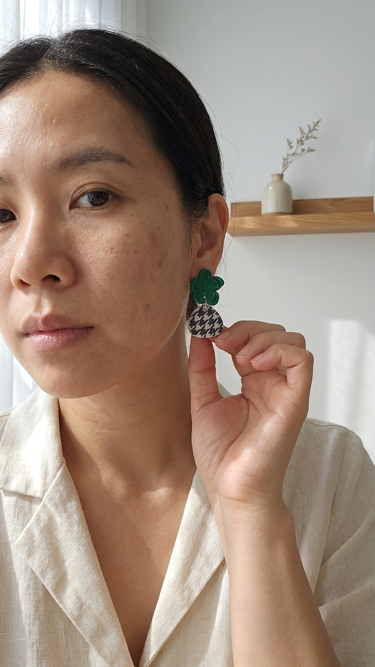 Woman wearing a unique earring with a green leaf design
