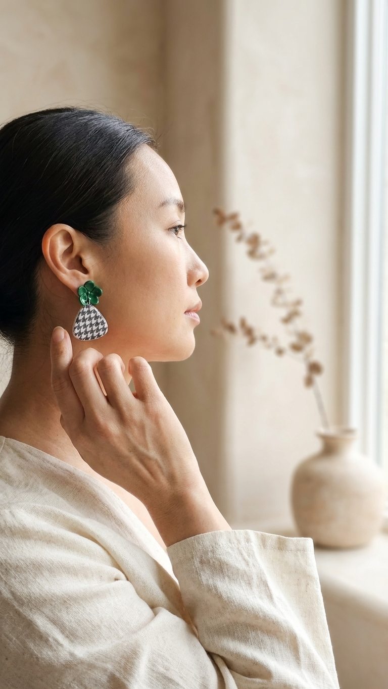 Woman wearing a unique earring in a softly lit room