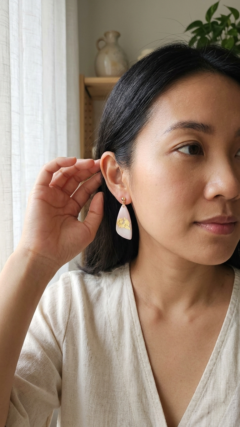Woman wearing a pair of earrings, holding one ear to show it.