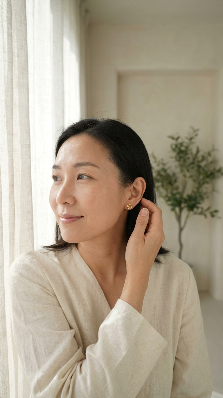 Woman in a white robe adjusting her earring in a softly lit room.