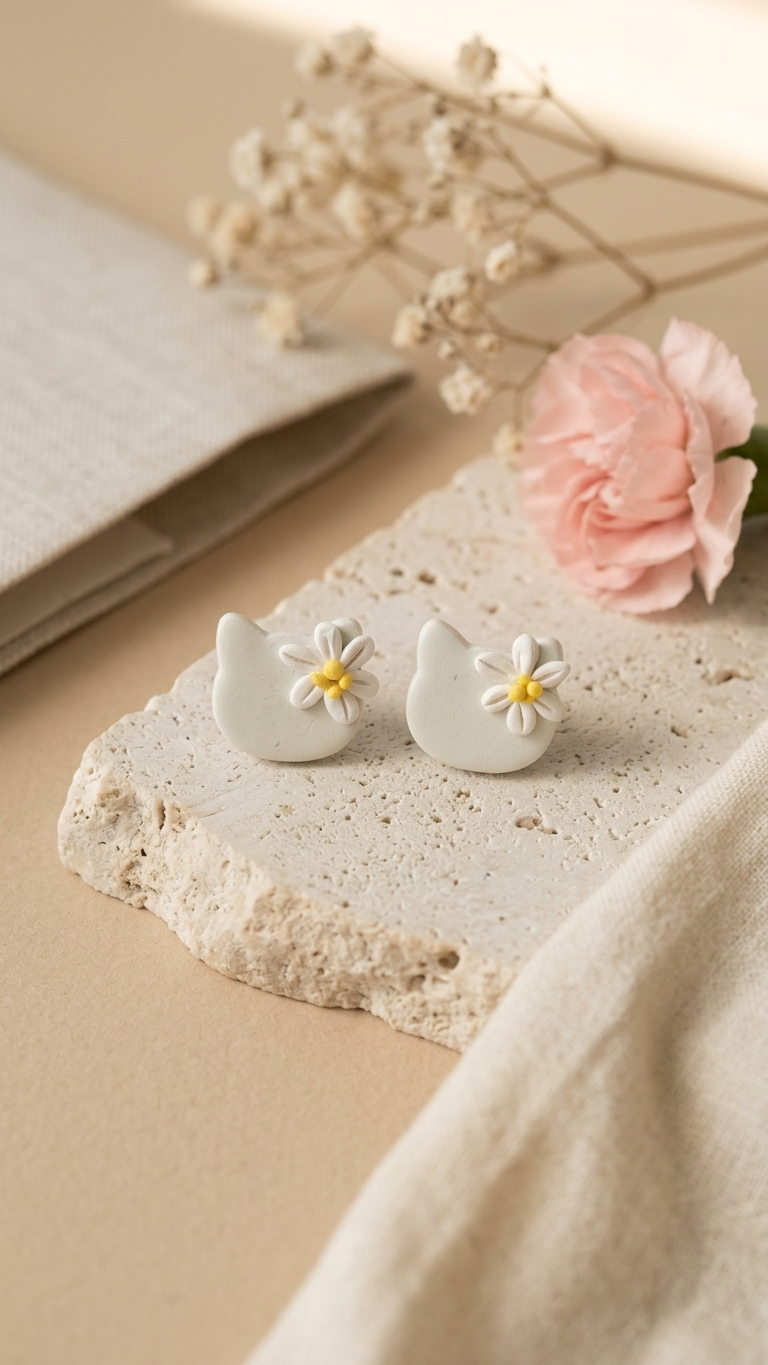 White ceramic earrings with floral designs on a stone surface with flowers and a book in the background.