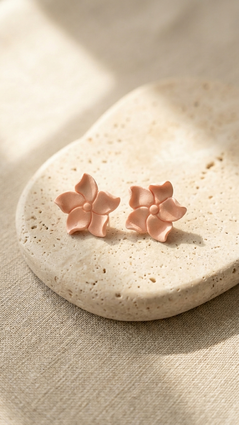 Pair of pink flower-shaped earrings on a beige stone surface