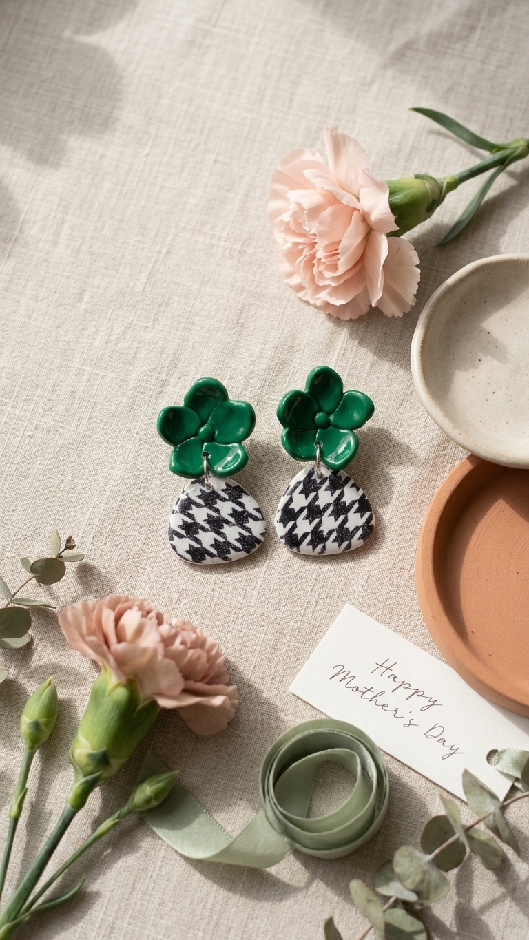 Pair of earrings with green leaves on a textured surface with flowers and a card.