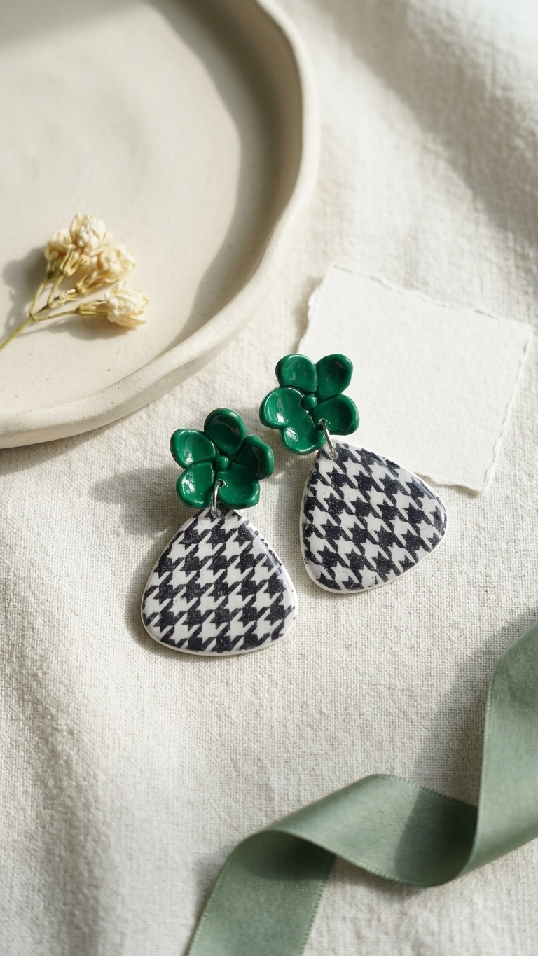 Earrings with green floral and houndstooth pattern on a light fabric background