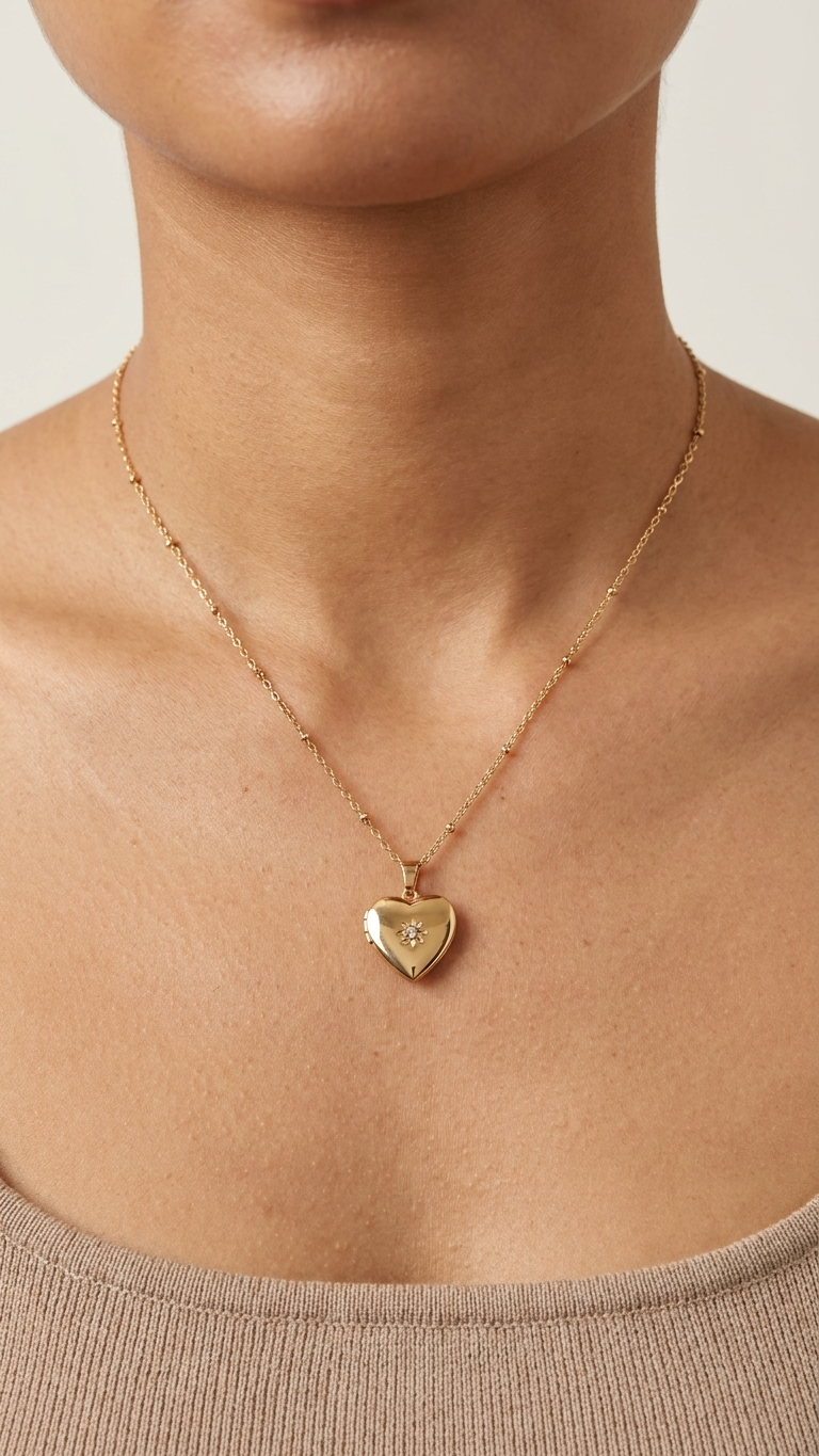 neckline with Gold heart-shaped pendant necklace on a light gray background