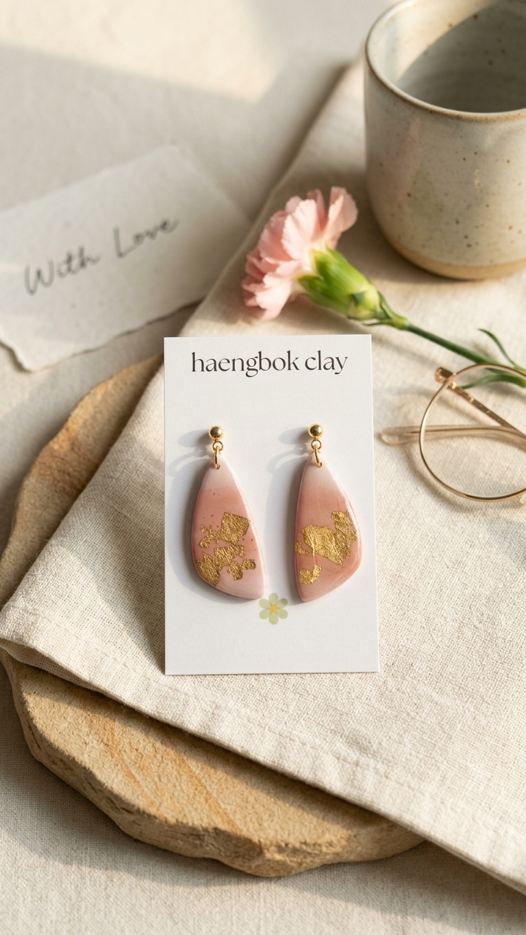 Pink teardrop earrings on a card with 'haengbok clay' branding, placed on a textured surface with a flower and mug.