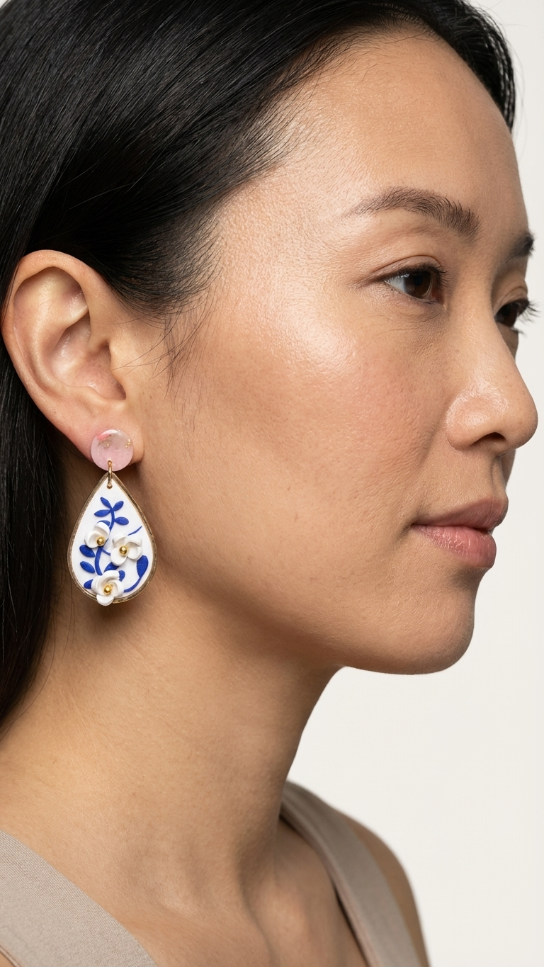 Close-up of a woman wearing a teardrop-shaped earring with floral design on a plain background
