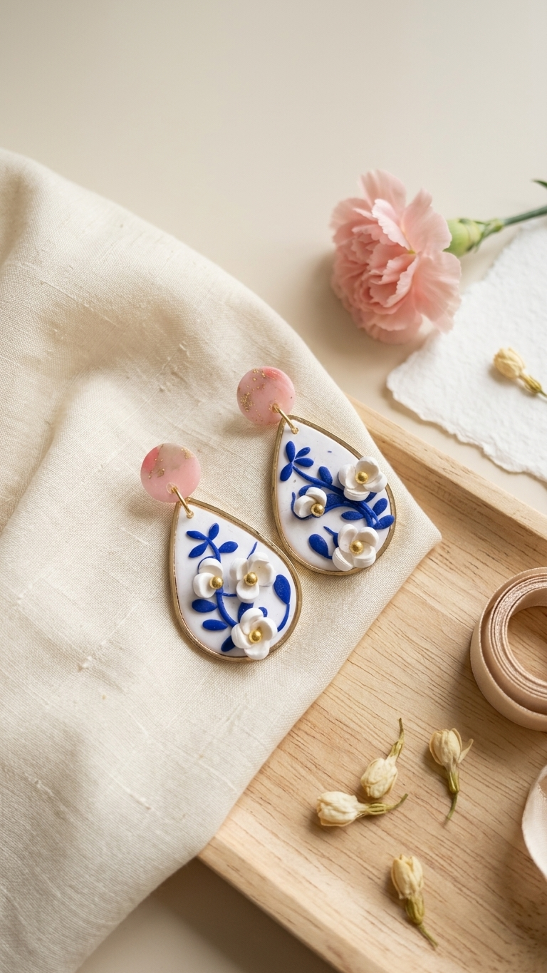 Teardrop-shaped earrings with blue floral design on a beige fabric background