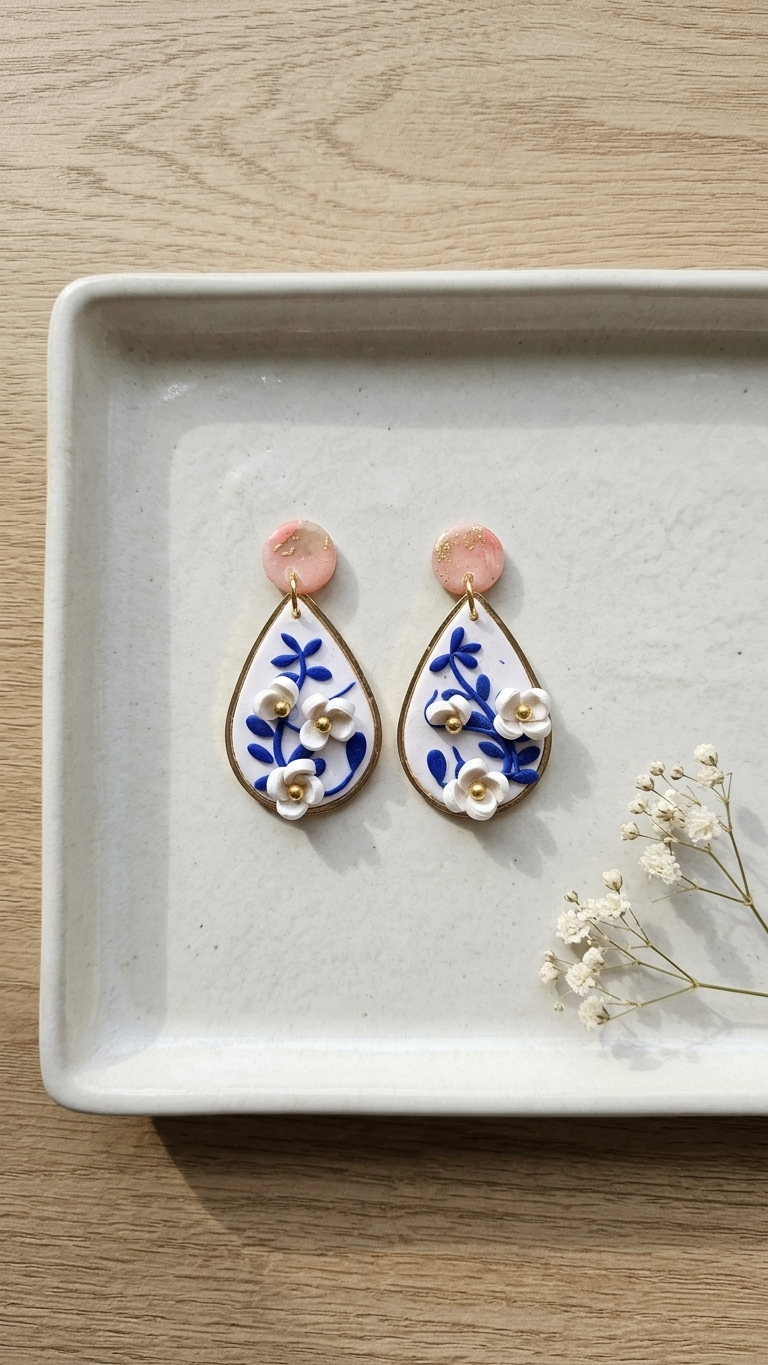 Teardrop-shaped earrings with floral design on a white tray with a wooden background