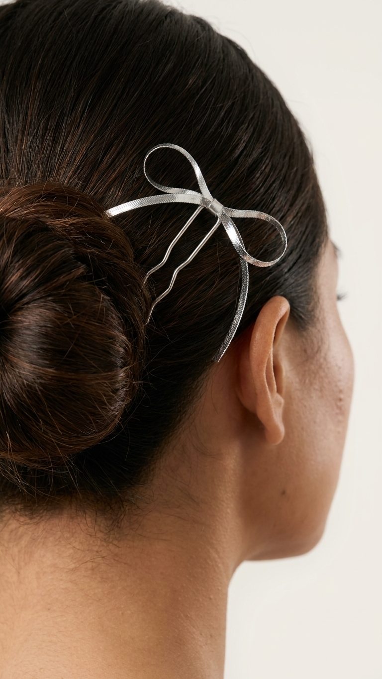 Hair bun with a silver hair accessory on a neutral background