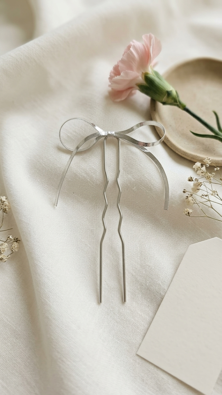 Silver hairpin with a bow on a light fabric background
